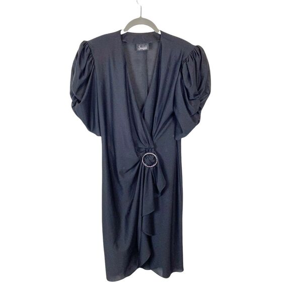 Puffed Sleeve Wrap Dress Vintage 80s Jean Leslie Womens Black Semi Sheer SZ M L - Picture 1 of 16